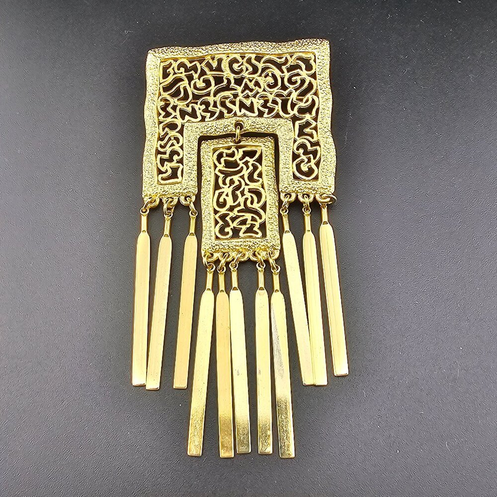 Vintage Art Sculpture Fringe Mobile Articulated Filigree Brooch Pin Big 4.25"
